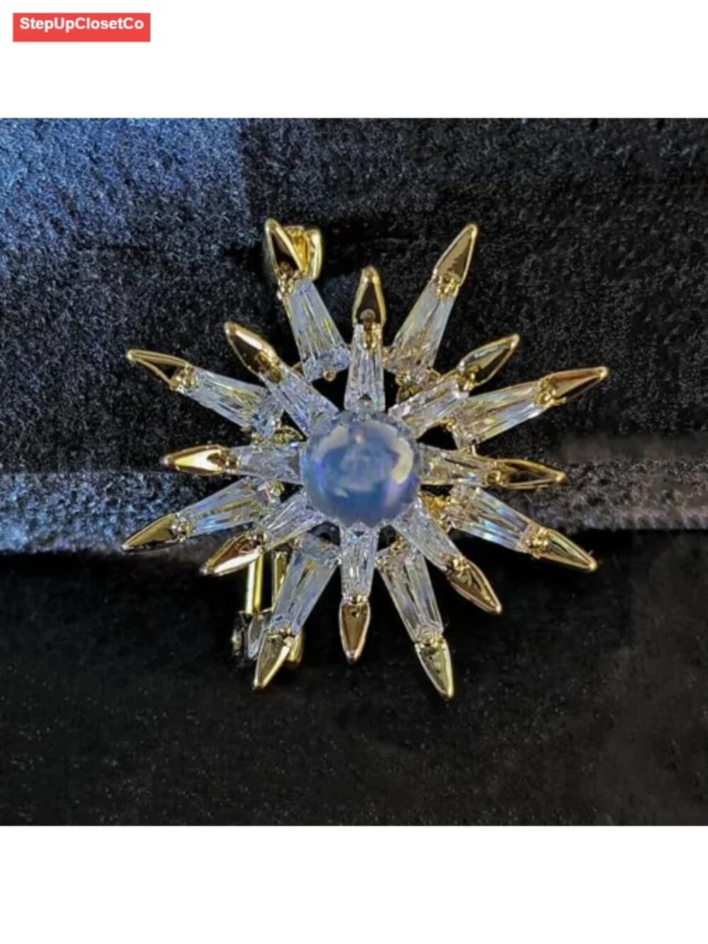 Sparkling Starburst Brooch Pin Double Layer Pearl CZ Gold Plated Punk Style 1